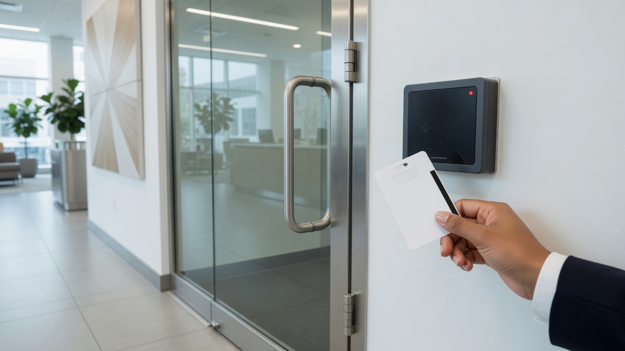 Card reader at a glass office door