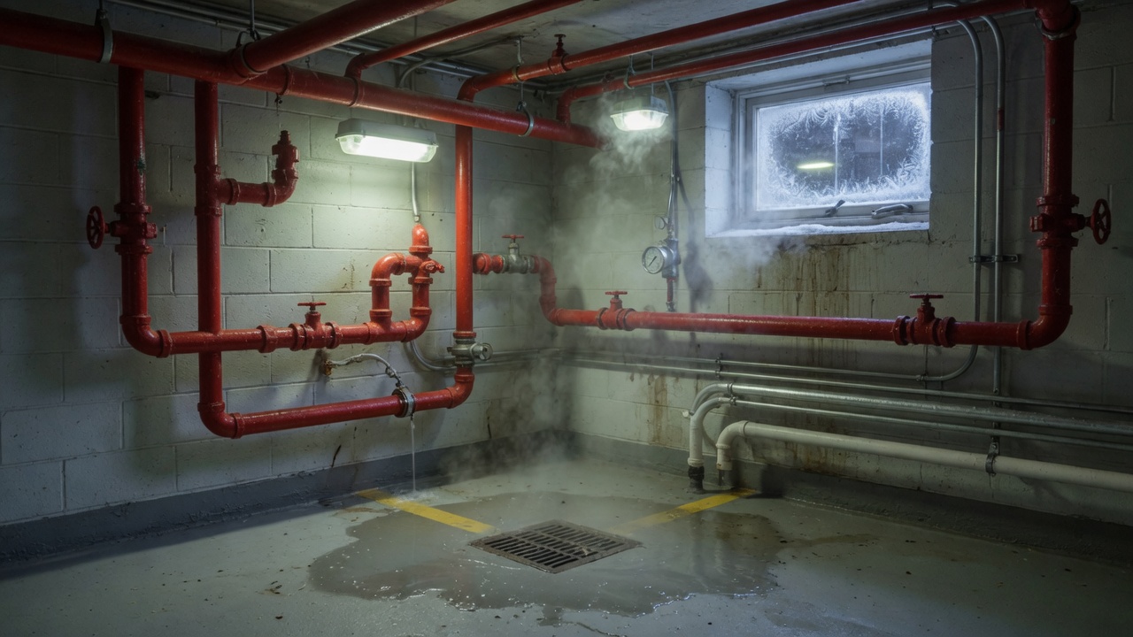 Sprinkler room with freeze risk and a water leak