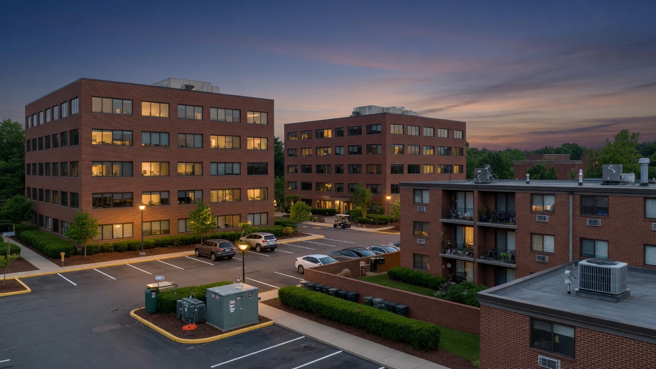 Managed commercial property campus at dusk