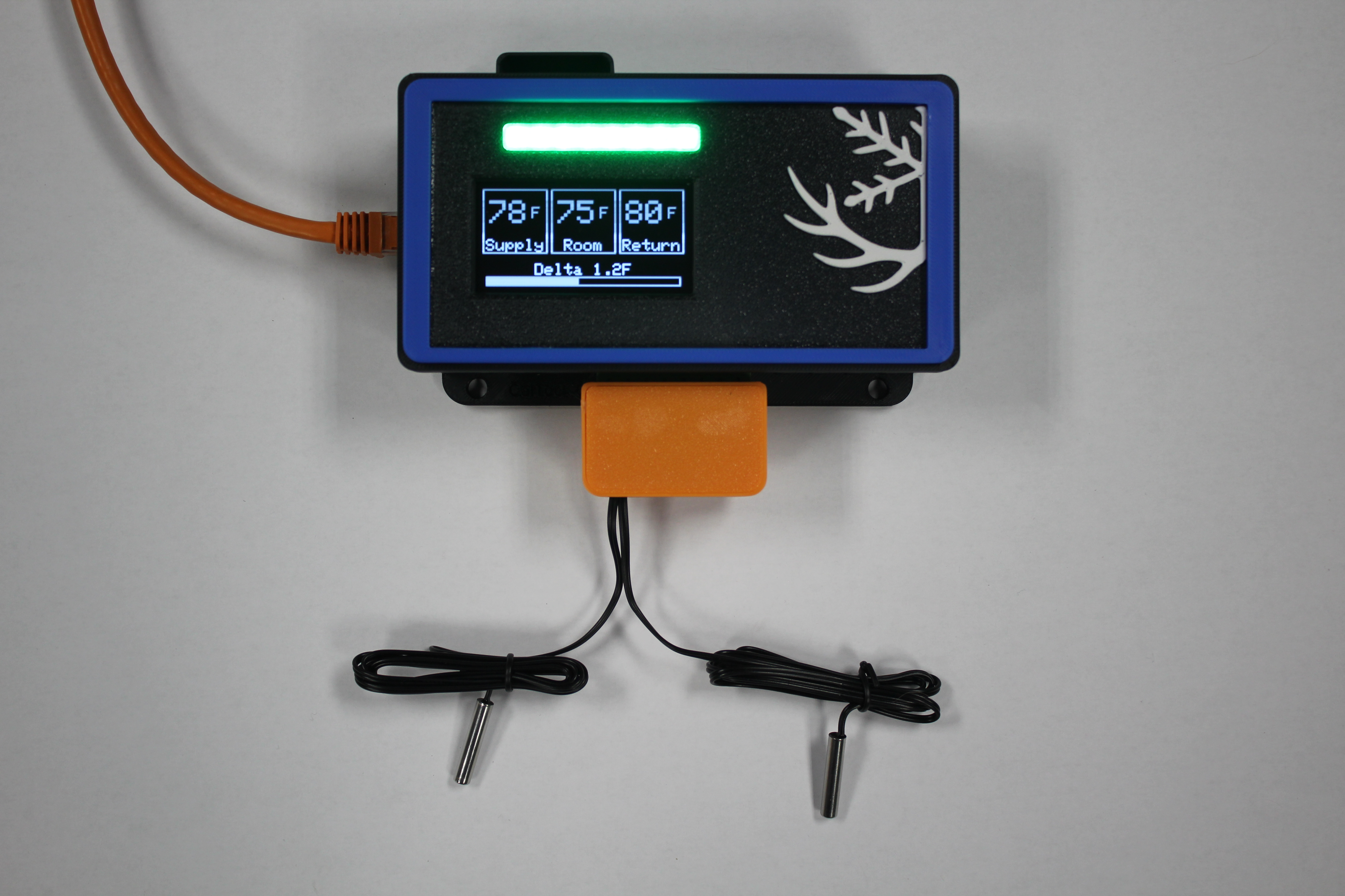 HVAC health monitoring sensor showing supply, room, and return temperatures
