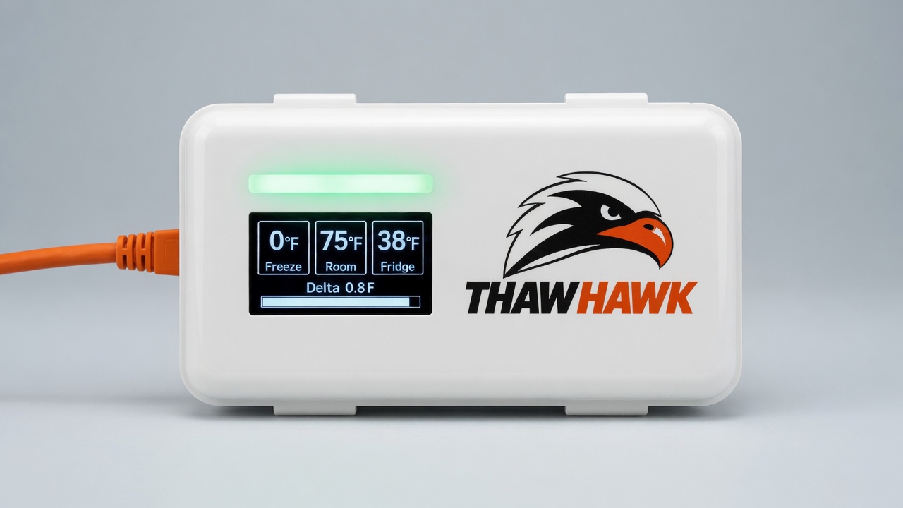White ThawHawk sensor showing 0°F freezer, 75°F room, and 38°F fridge