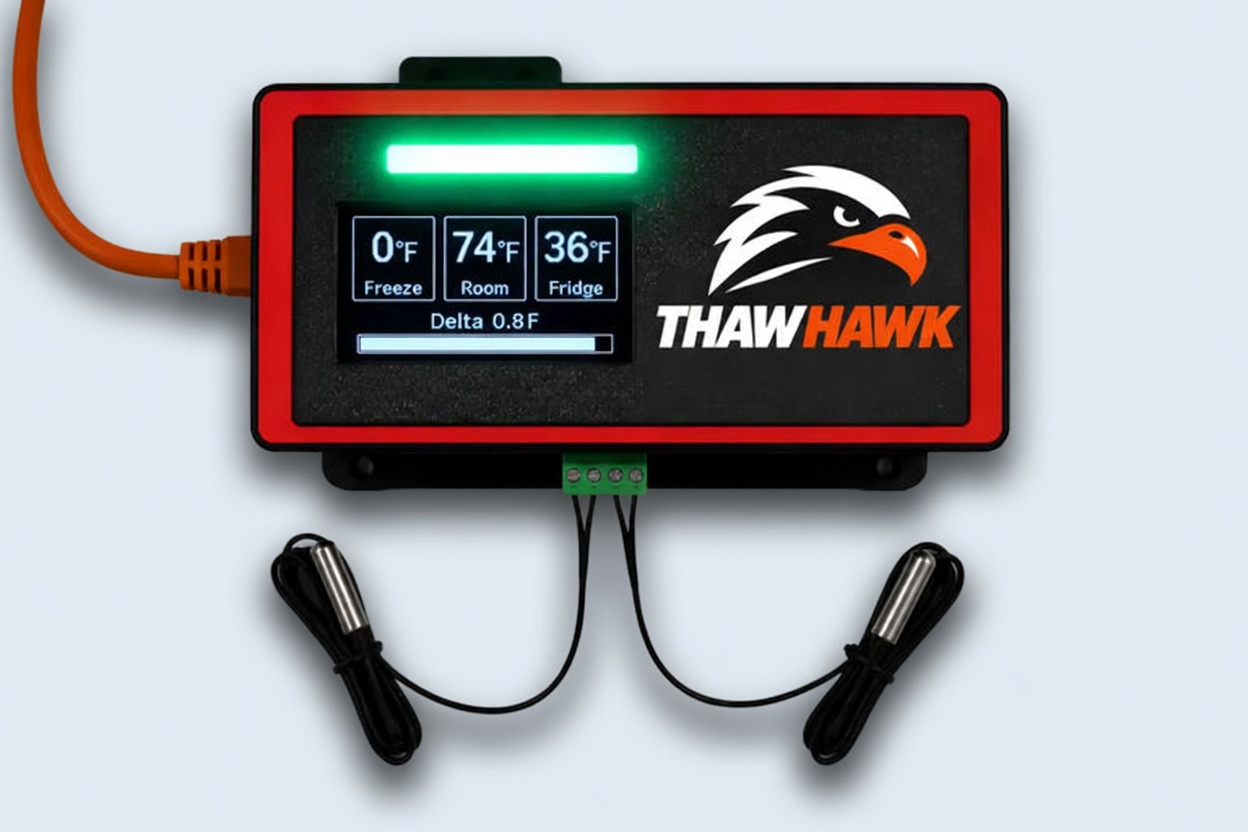 ThawHawk monitor showing freezer 0°F, room 74°F and fridge 36°F, with two temperature probes
