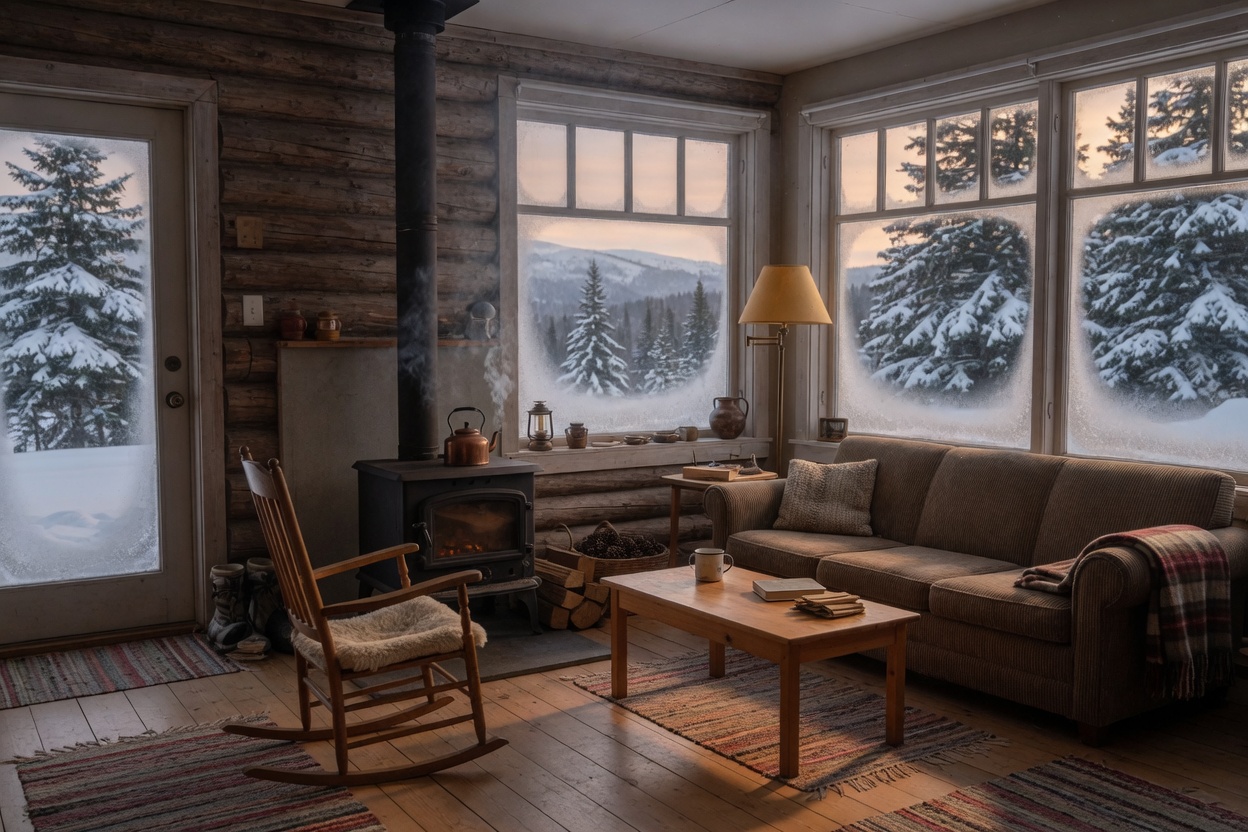 Mountain cabin living room with a wood stove and snow outside