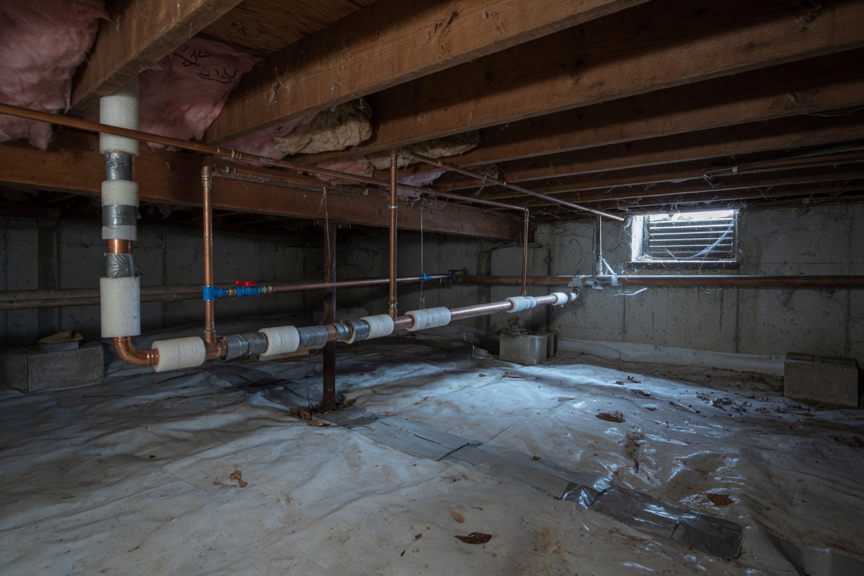 Crawl space with insulated copper pipes along the joists