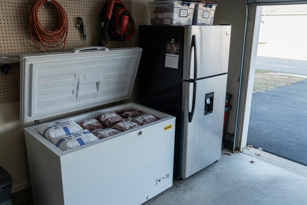 Chest freezer of wrapped meat next to a garage refrigerator
