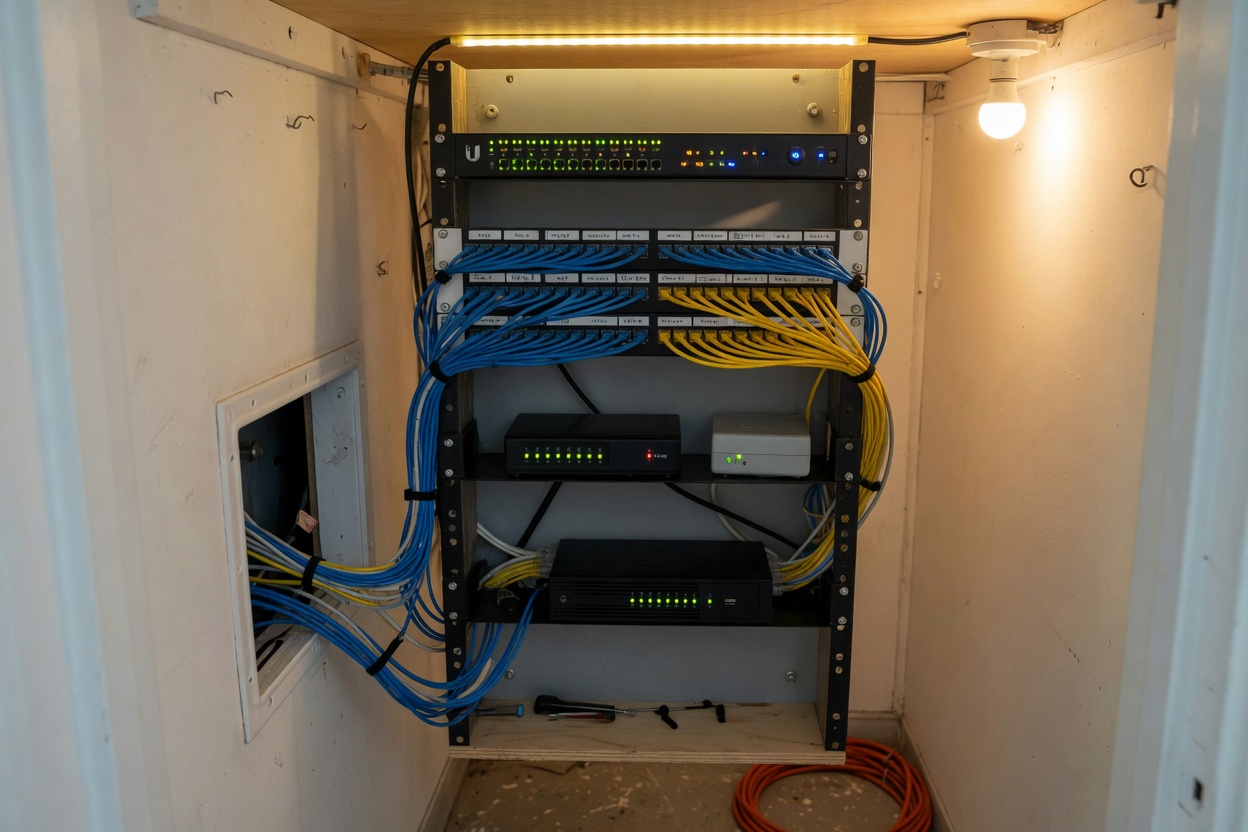 Home network closet with a rack, patch panel, and blinking lights
