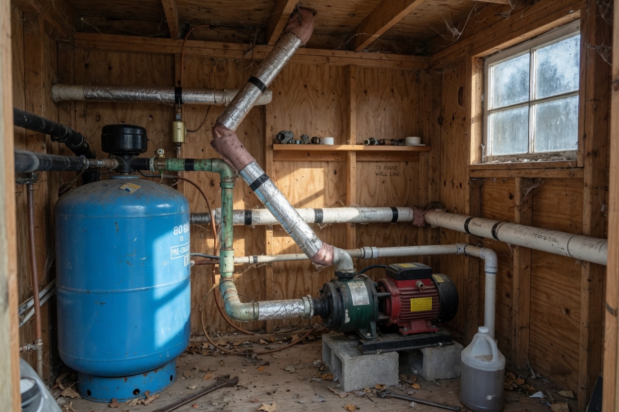 Well house with a blue pressure tank, pump, and insulated pipes